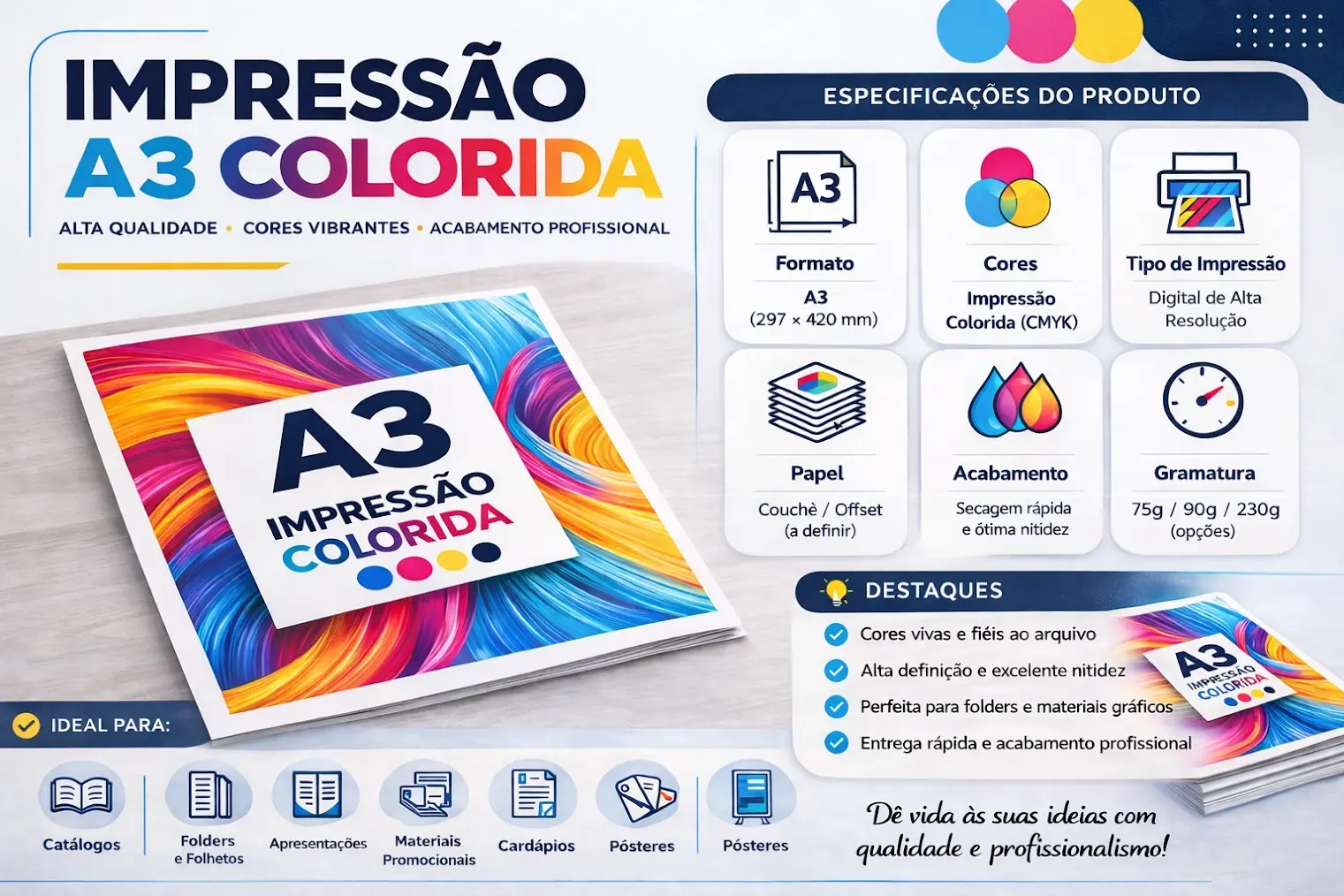 Impressão A3 colorida para materiais gráficos